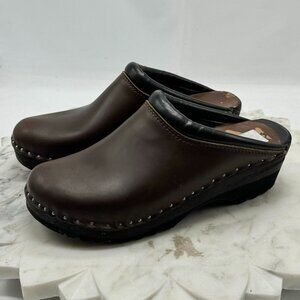 Troentorp Monet Clogs Mules Sz 38 Brown Leather Wooden Studded Slip On Shoes